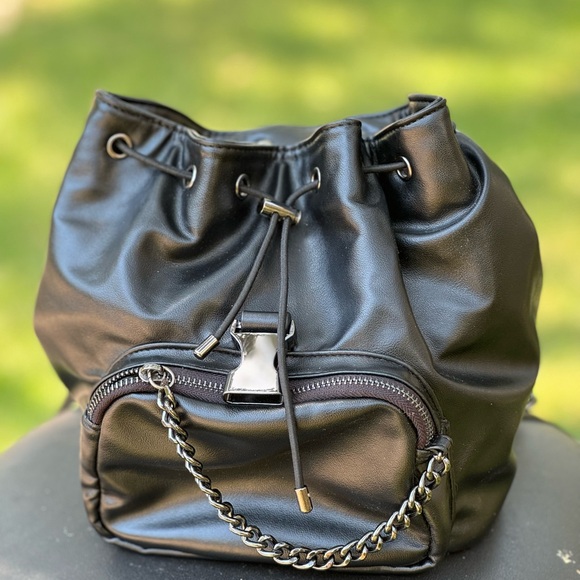 Rachel Roy Black Faux Leather Mini Backpack Purse with Chain - Picture 2 of 6